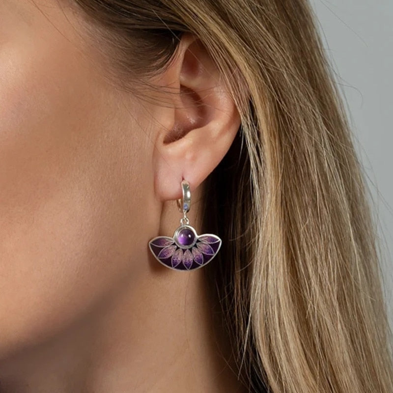 Vintage Silver Color Half Circle Drop Earrings Ethnic Metal Inlaid Purple Zircon Leaves Dangle Earrings for Women Jewelry