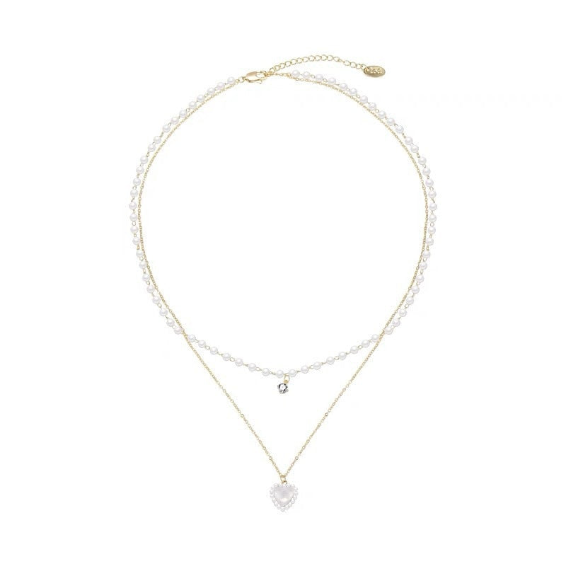 2022 New Double Layer Gold Color Clavicle Chian Luxury Simulated Pearls Necklace Fashion Crystal Heart Pendant Necklace Jewelry