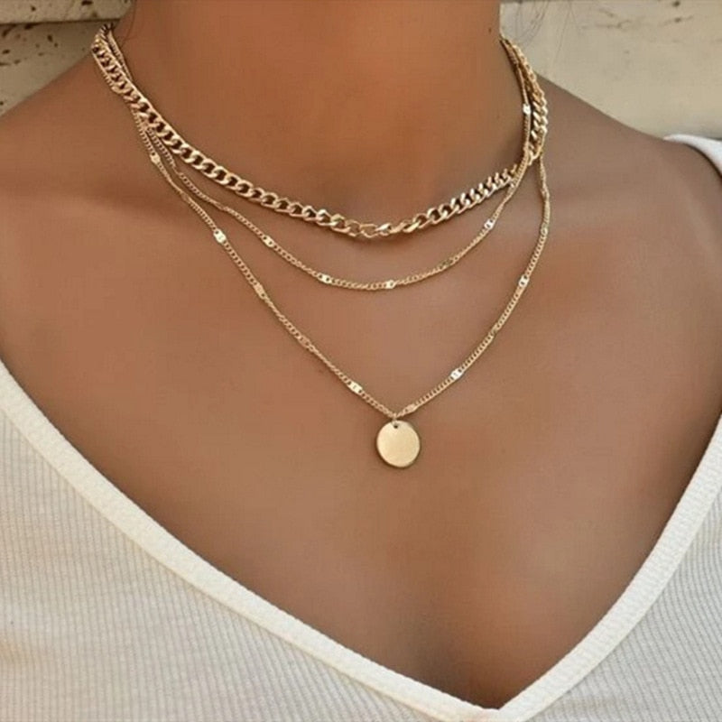FAMSHIN Vintage Gold Color Chain Necklace for Women Punk Bohemian Multilayer Heart Necklace Girls Collier Femme Jewelry