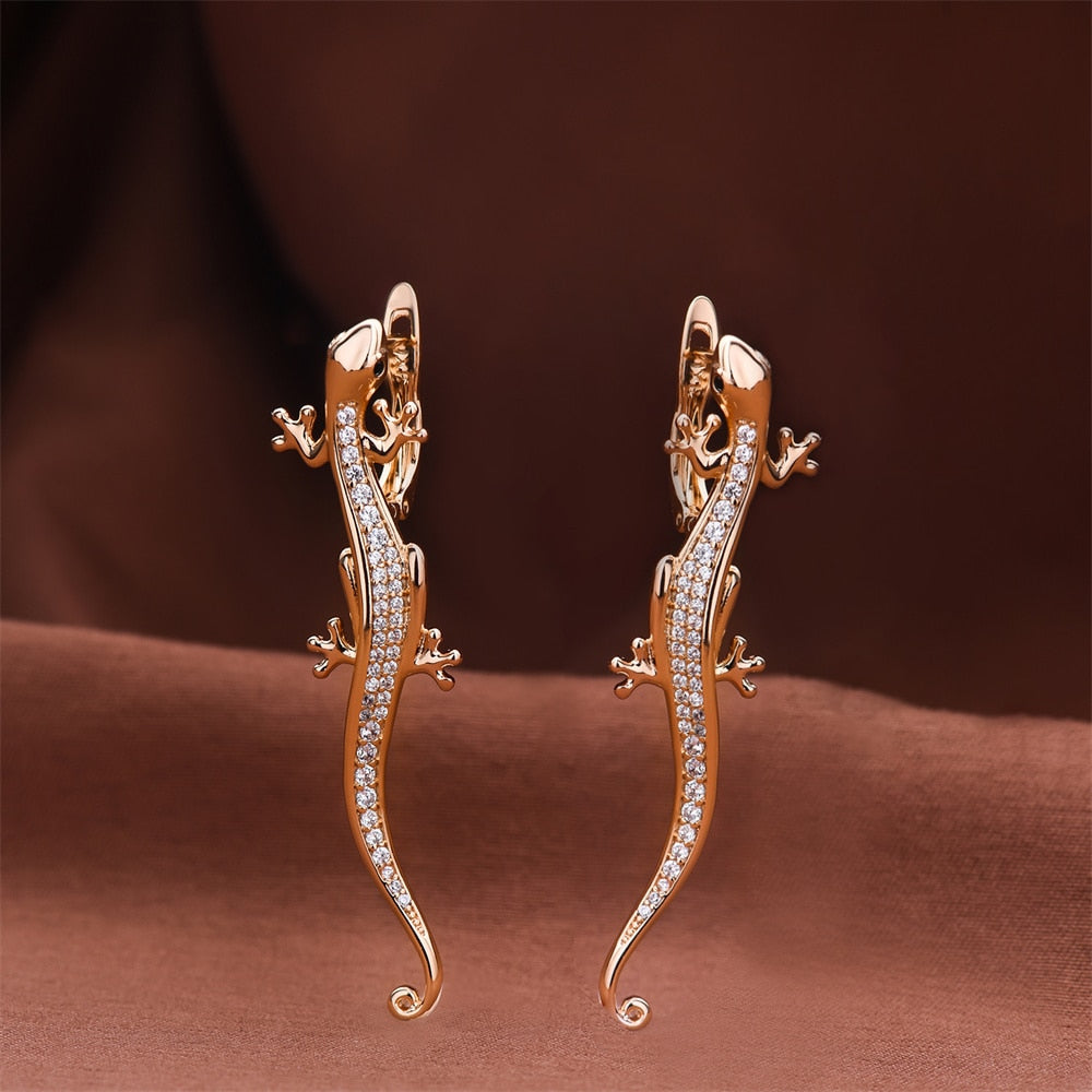 Dckazz New Luxurious Lizard Drop Earring Personality Gothic Inlaid Crystal 585 Rose Gold Color Animal Earrings Cute Jewelry Gift