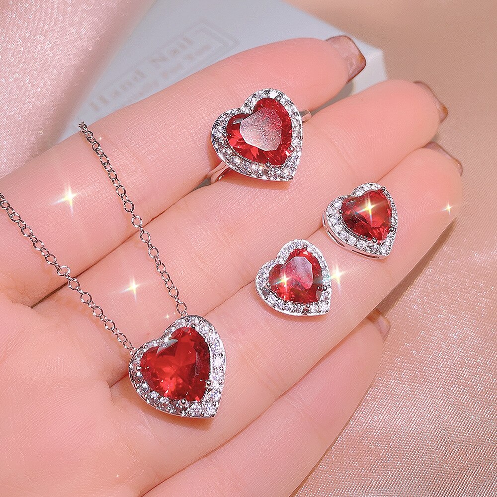 Exquisite Red Zircon Heart Pendants Necklace Earrings Sets for Women 925 Sterling Silver Bridal Wedding Jewelry Gift Top Quality