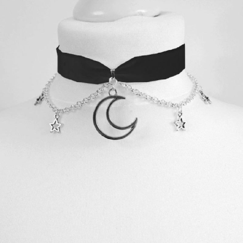 Goth Dainty Chain Crescent Moon and Stars Choker Witch Necklace Silver Colour Pendant Punk Jewelry Women Gift Fashion Gothic New
