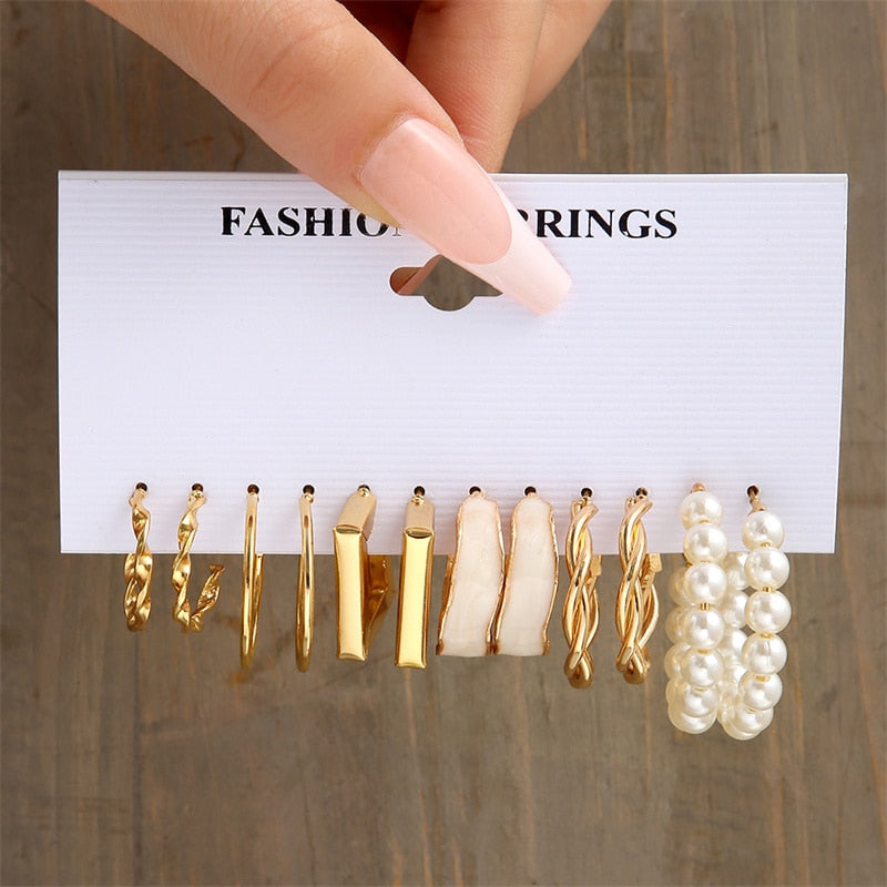 Vintage Geometry Earrings Set Gold Color Heart Leopard for Women Simple Pearl Metal Square Round Fashion Party Jewelry