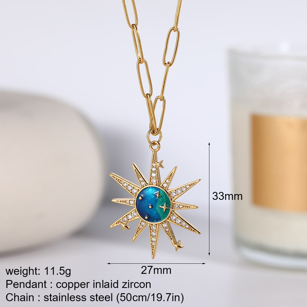 Blue Star Sun Moon Rainbow Deer Necklace for Women Long Stainless Steeel Box Chain Gold Color Pendant Collars Micro Pave Zircon