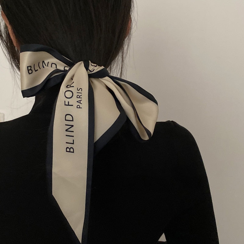 Elegant Women Narrow Long Scarf 100x6cm Chic French Gentle Elegant Chiffon Silk Tie Letter Print Bag Ribbon Headband Choker