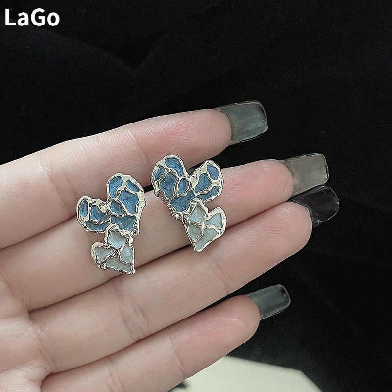 Mihan Modern Jewelry Heart Earrings New Trend 2022 Popular Style Metal Silver Plated Double Love Blue Stud Earrings For Girl