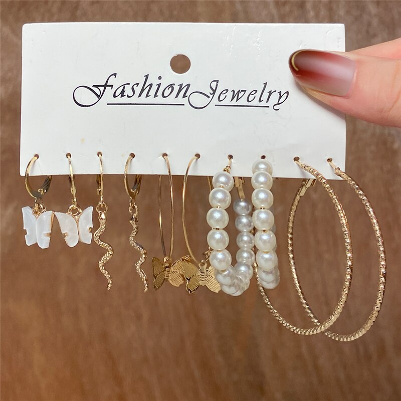 Trendy Silver Color Snake Dangle Earring Set For Women Punk Geometric Long Tassel Pearl Butterfly Drop Earrings Set 2022 Jewelry