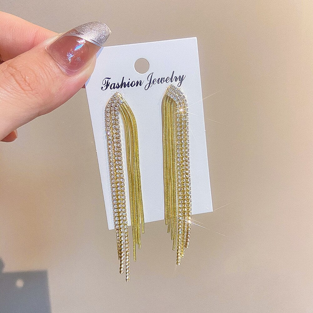 WANZHI 2022 Latest Exquisite Copper Inlaid Zircon Long Tassel Earrings for Women Fashion Gold Plated Chain Earring Party Jewelry