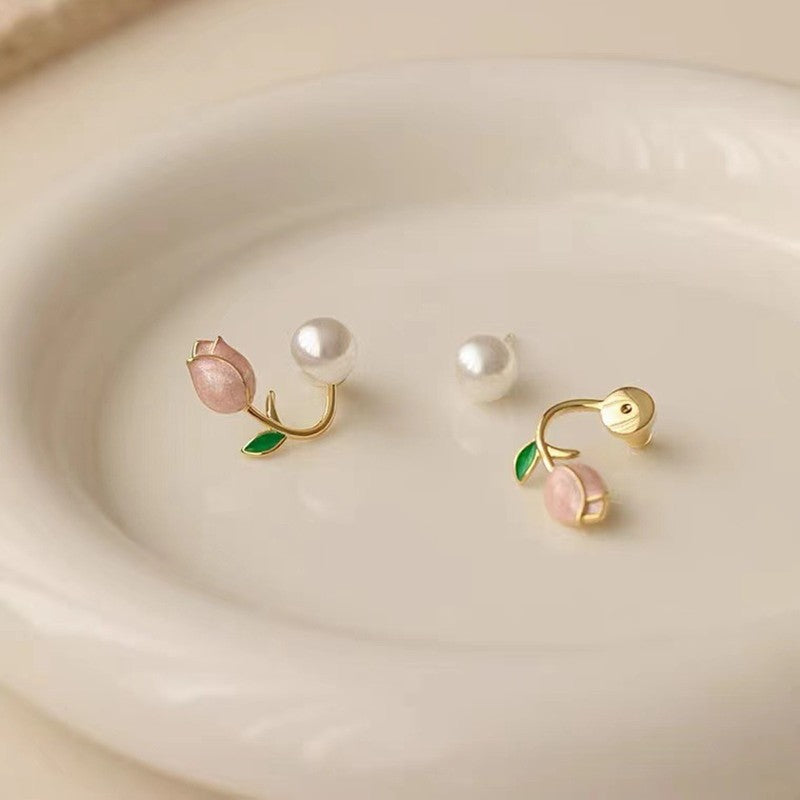 2022 New Summer Fresh Pink Flowers Stud Earrings Contracted Fashion Elegant Fine Pearl Trend Women Earrings Jewelry D368