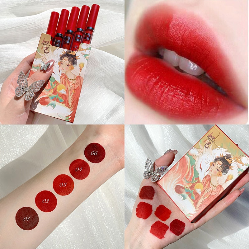5Pcs Cigarette Lip Gloss Set Matte Red Tint for Lips Makeup Long Lasting Water Mirror Lip Glaze Waterproof Lipstick Kit Cosmetic