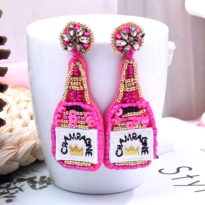 Beaded Earrings Champagne Bottle Pendant Earrings Handmade Fun Wine Glasses Beach Holiday Party Earrings Jewelry Fashion Women
