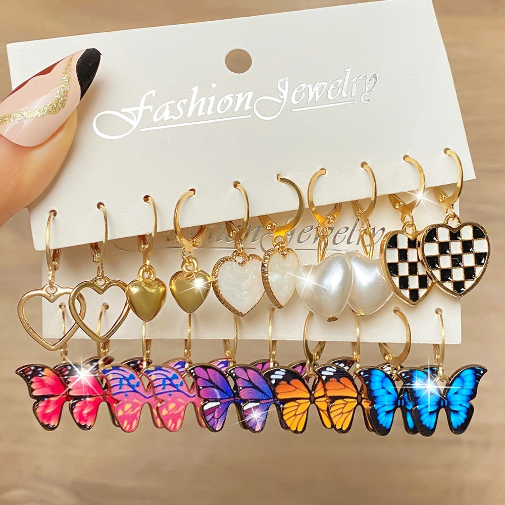10Pcs/Set Butterfly Dangle Earring Set Cute Cartoon Black and White Checkered Heart Drop Earrings For Woman Girl Jewelry Gifts