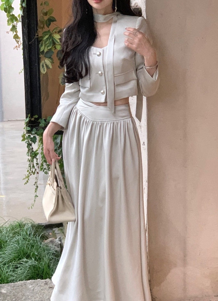 funninessgames French White Long Sleeve 2 Piece Set for Women Autumn New Elegant Fashion Short Top High Waist Long Skirt Suit Female Clothing