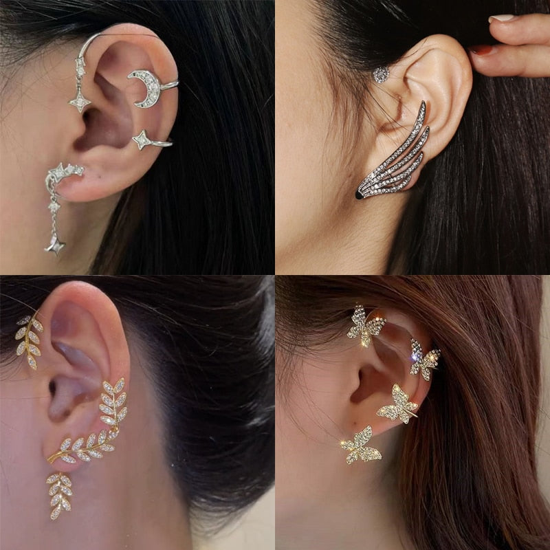 Sparkling Crystal Leaf Ear Clip Non-Piercing Earring For Women Fashion Zircon Leaves Butterfly Ear Cuff Clip Jewelry Gifts