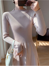 Load image into Gallery viewer, funninessgames Fashion Chic Knitted Dress Women  Autumn Winter Vintage Half High Collar Long Sleeve Solid Dress Slim Office Ladies Dress