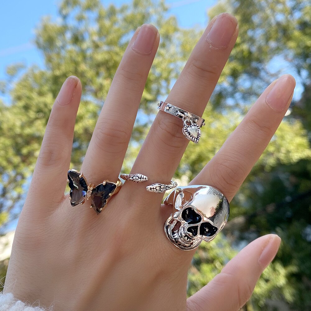 Punk Gothic Butterfly Snake Chain Ring Set for Women Black Dice Vintage Silver Plated Retro Rhinestone Charm  Finger Jewelry