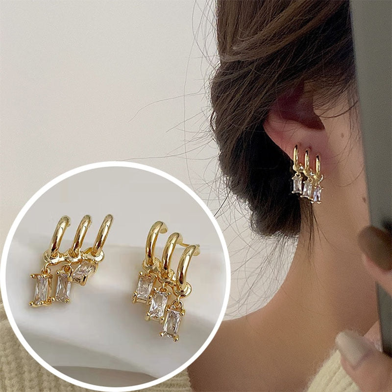 Korean Earing Claw Ear Hook Clip Earrings for Women Four-Prong Setting CZ Gold Color Ear Earrings Fashion Jewelry New Year Gift