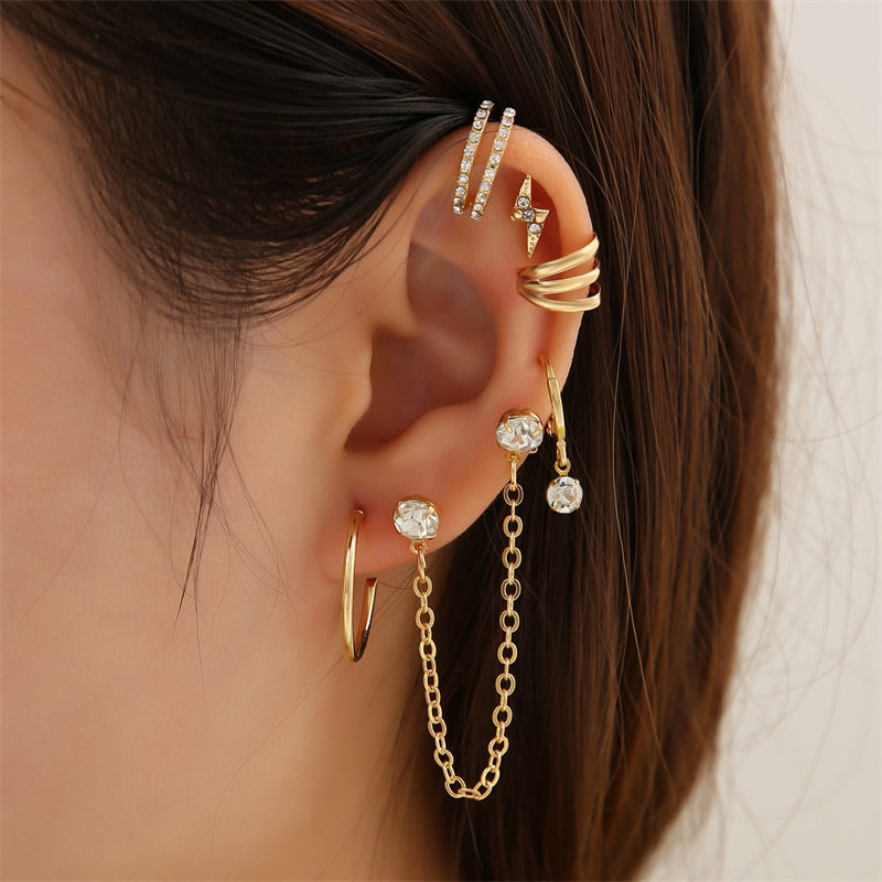17KM Crystal Lightning Ear Cuff Set Classic Gold Color Earrings for Women Geometric Non-Piercing Dangle Earrings Trendy Jewelry