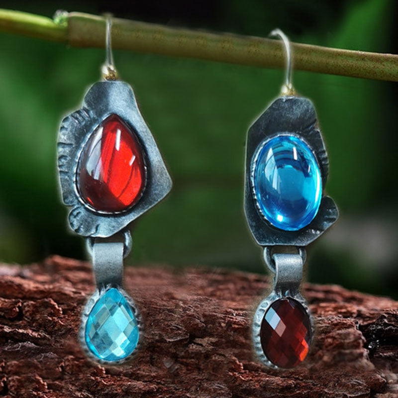 Vintage Red Blue Stone Asymmetrical Earrings Antique Metal Water Drop Zircon Oval Moonstone Dangle Earrings for Women