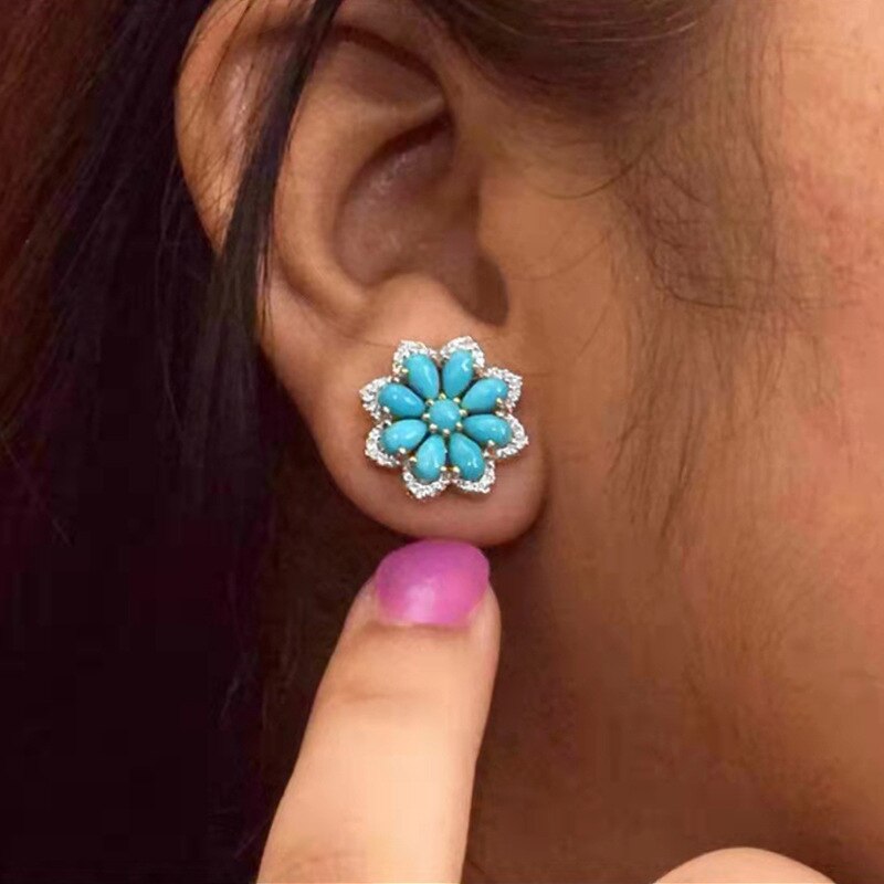 Vintage Women&#39;s Charm Jewelry Boho Turquoise Flower Small Stud Earrings for Women Statement Round Silver Earrings Charm Jewelry