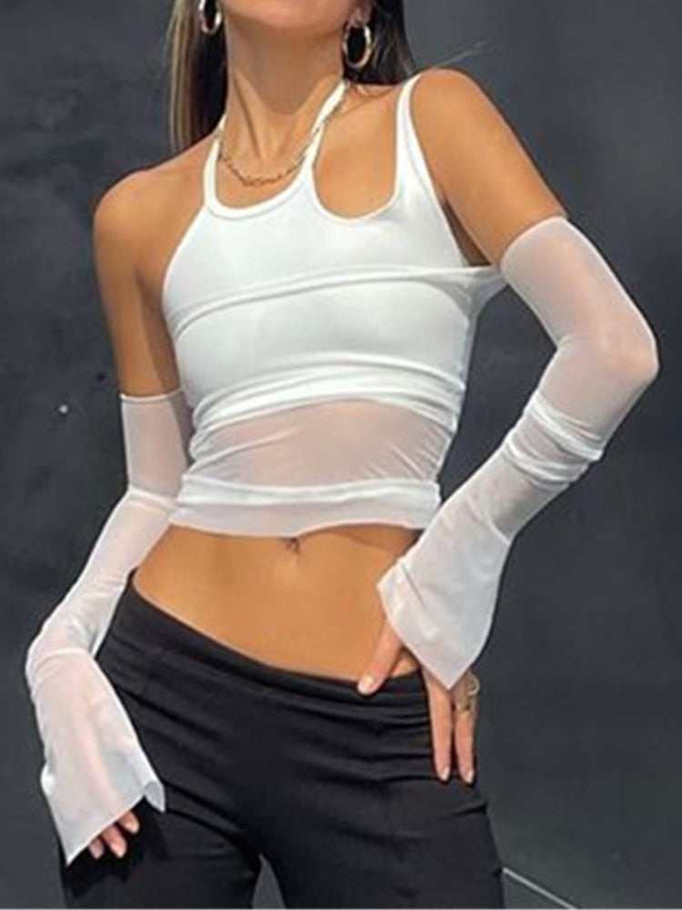 funninessgames Y2K Mesh Top Women Long Sleeve Fashion Tees Sexy Streetwear Bodycon Transparent Hollow Out White T-Shirt