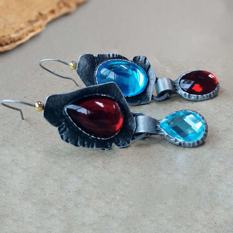 Vintage Red Blue Stone Asymmetrical Earrings Antique Metal Water Drop Zircon Oval Moonstone Dangle Earrings for Women
