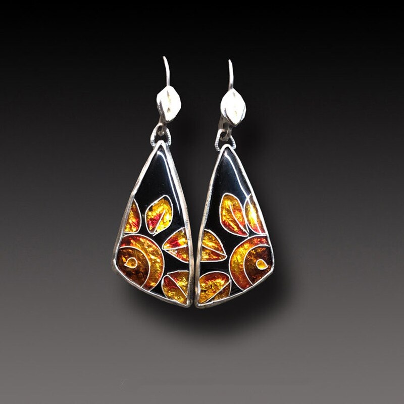 Gorgeous Irregular Water Drop Hook Earrings for Women Creative Silver Color Metal Yellow Flower Black Pattern Dangle Earrings