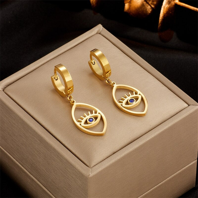 DIEYURO 316L Stainless Steel Gold Color Feather Heart Eye Hoop Earrings For Women High Quality Girls Ear Jewelry Party Gifts