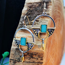 Load image into Gallery viewer, Creative Square Blue Green Stone Boho Earrings for Women Vintage Two Tone Round Hollow Geometry Dangle Earrings Jewelry