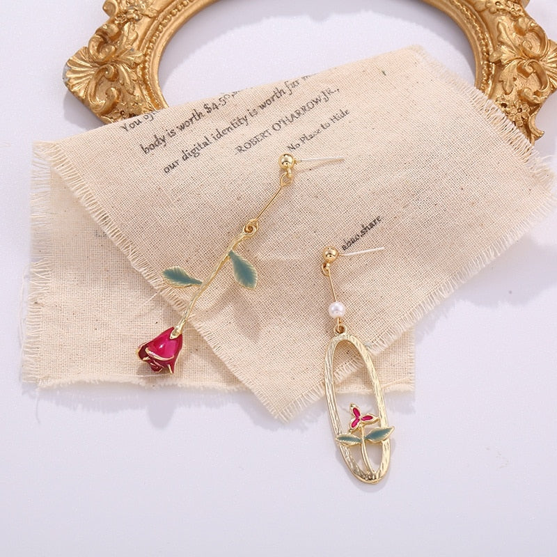 Long Pendant Vintage Stud Earrings Asymmetrical Red Rose Pearl Wedding Engagement Earrings For Women 2022 Trends Jewelry Gift