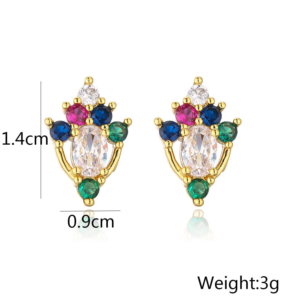 2022 New Fashion 1 Pair Colourful CZ Zircon Crystal Geometric Stud Earrings For Women Gold Color Luxury Wedding Jewelry Female