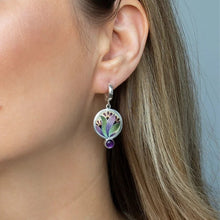 Load image into Gallery viewer, Trendy Round Green Purple Painted Flowers Women Earrings Vintage Silver Color Metal Inlaid Purple Zircon Dangle Earrings