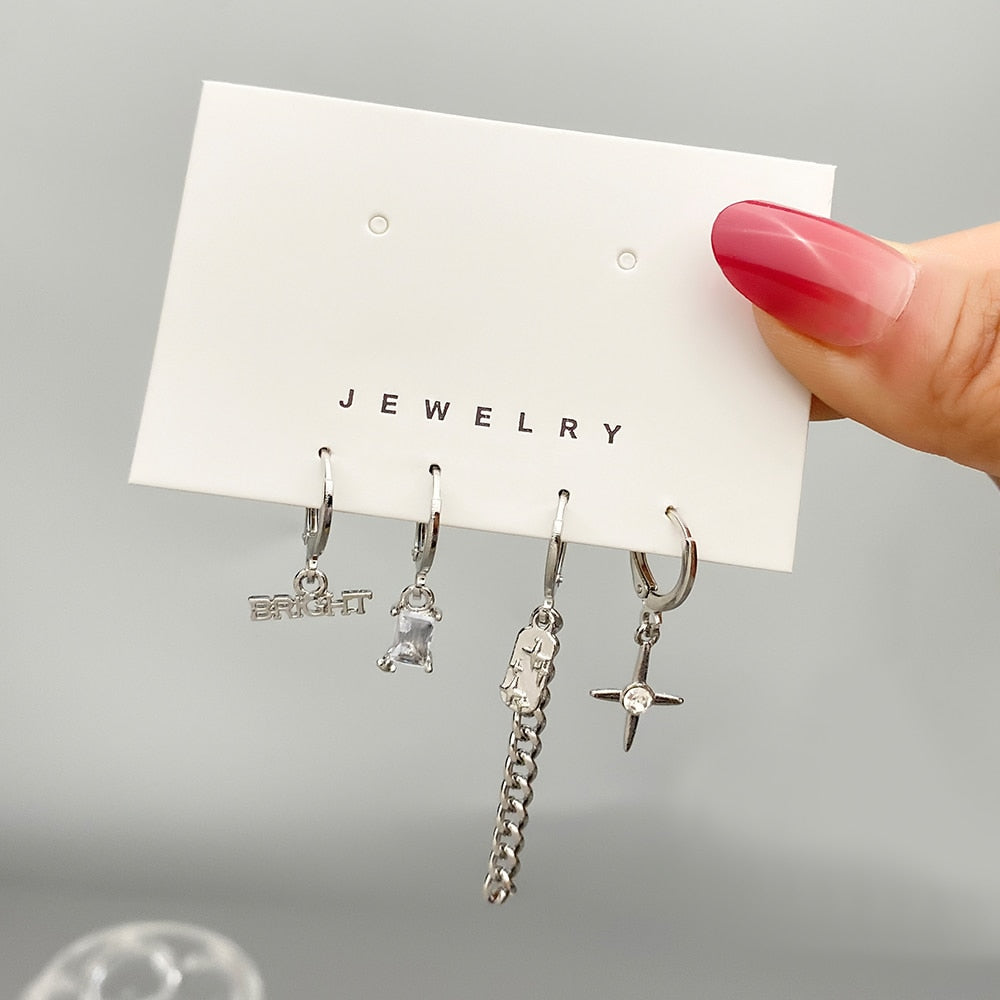 VKME Silver Color Bear Earrings for Women Fashion Jewelry 2022 Pendants Set of Earrings Black Heart Star Chain Accessories