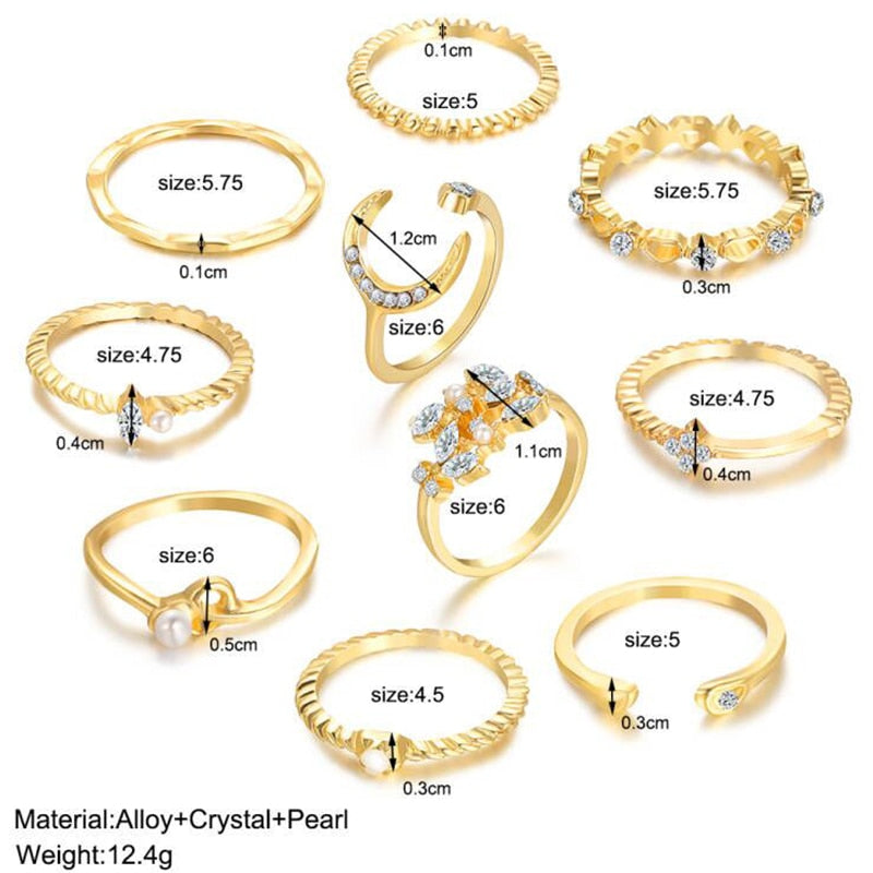 17KM 10Pcs Crystal Rings Set Bohemian Rings for Women Geometric Moon Star Ring Jewelry Vintage Twist Pearl Trendy Accessories