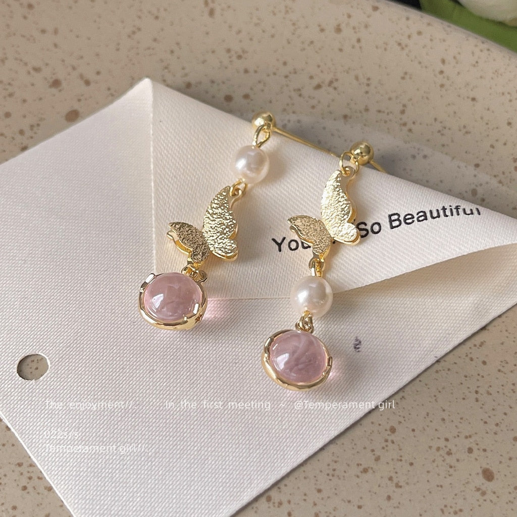 2022 New Arrival Hand Made Simple Imitation Pearl Butterfly Dangle Earrings For Women Fashion Sweet Water Drop Jewelry Gifts