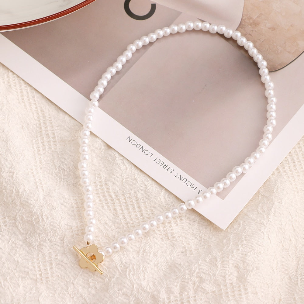 Vintage Gold Color Flower Pearl Chain Pendant Necklace Women Bohemian  Korean Fashion Flower Necklace Female 2022 Jewelry Gifts
