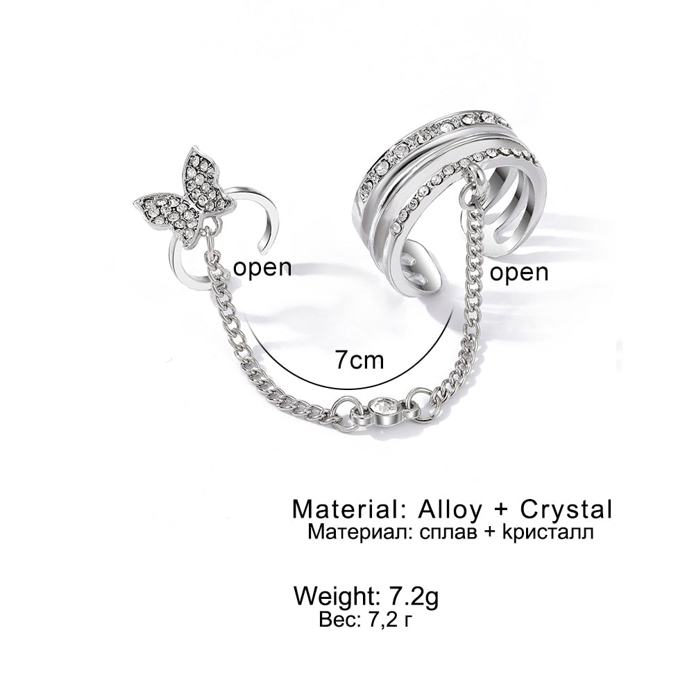 Elegant Tassel Butterfly Chain Rings For Women Girls Shiny Rhinestone Zircon Multi-layer Open Rings Set Punk Fashion Jewelry