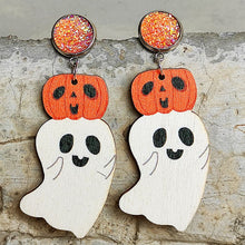 Load image into Gallery viewer, Funny White Wooden Pumpkin Bowknot Ghost Dangle Earrings Round Resin Druzy Earrings Halloween Gift Spooky Jewelry Wholesale
