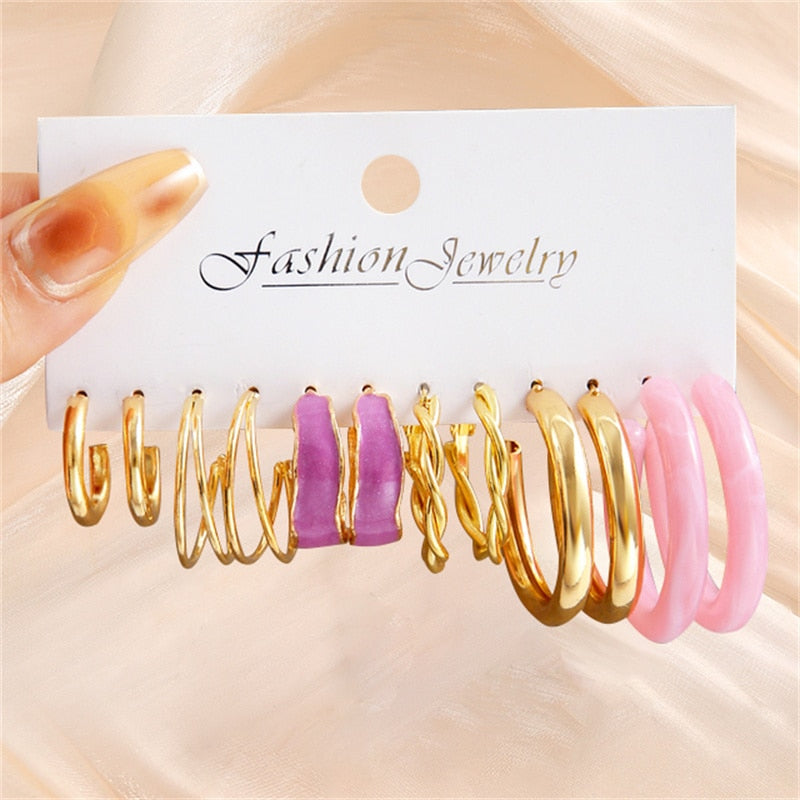 Gold Color Earring Set Colorful Geometric Pearl Resin Twist Big Hoop Earrings for Women Girls 2022 Fashion Party Jewelry Gifts