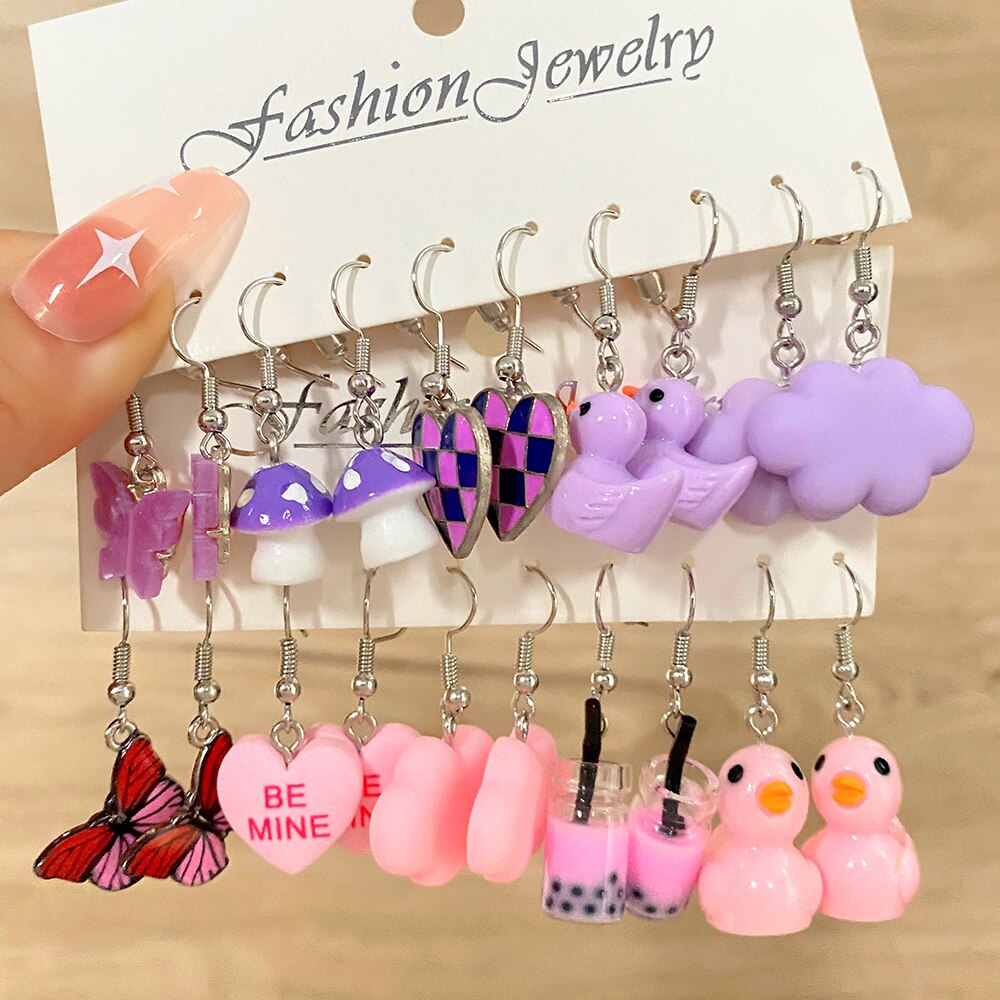 KISSWIFE Cartoon Butterfly Duck Earrings Set For Women Girls Geometric Cute Heart Mushroom Drop Earrings Trend Jewelry Kids Gift