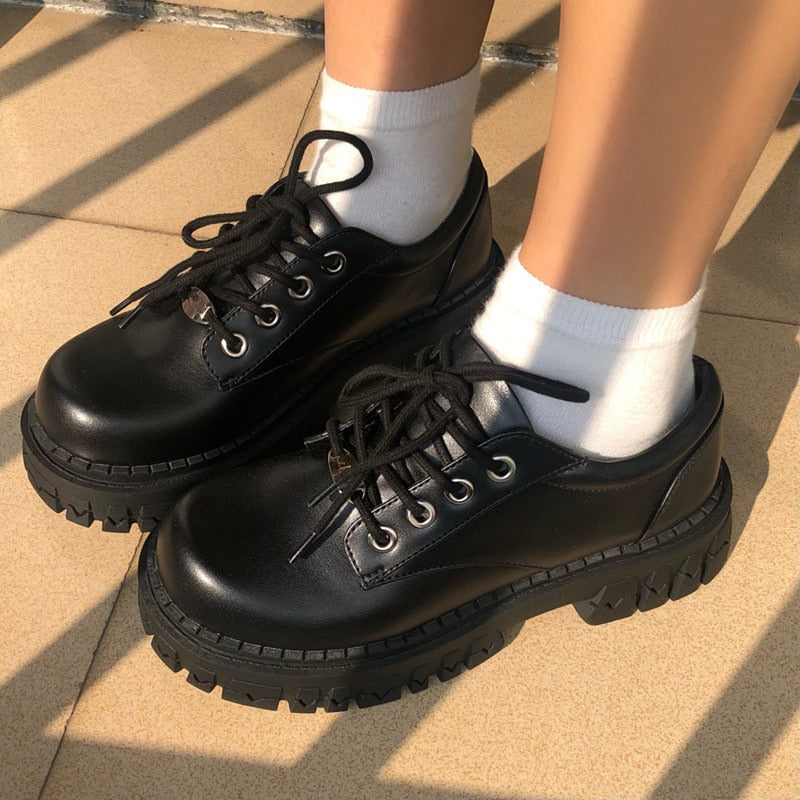 Women Oxfords 2022 Spring Autumn Casual Platform Shoes Black Lace Up Leather Shoe Sewing Fashion Round Toe Chunky Sole Flats