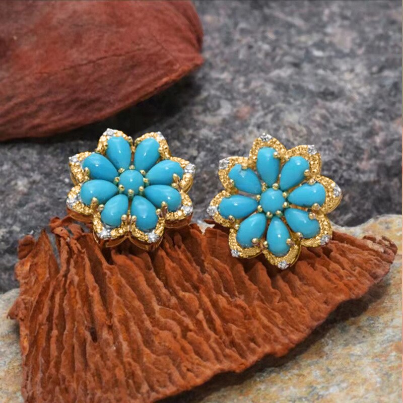 Vintage Women&#39;s Charm Jewelry Boho Turquoise Flower Small Stud Earrings for Women Statement Round Silver Earrings Charm Jewelry