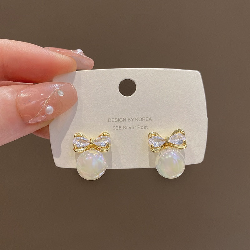 Cute Bow Pearl Earrings Stud Colorful Crystals Bead Pendant For Women 2022 New Aesthetic Gift Luxury Fashion Jewelry Wholesale