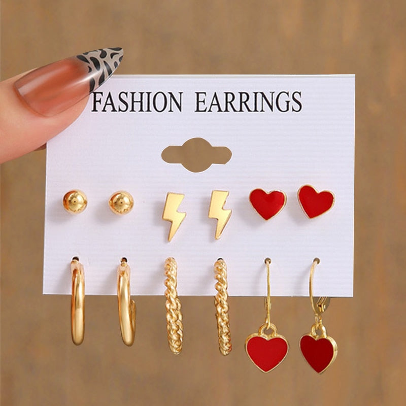6pcs/set Snake Butterfly Earrings Set For Women Girls Vintage Metal Silver Plated Rhinestones Heart Drop Earrings Jewelry Gift