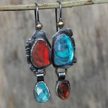Load image into Gallery viewer, Vintage Red Blue Stone Asymmetrical Earrings Antique Metal Water Drop Zircon Oval Moonstone Dangle Earrings for Women