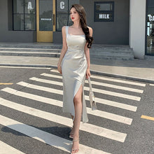 Load image into Gallery viewer, funninessgames Summer Fashion Women Elegant White Satin French Dress Sexy Square Collar Silk Long Bodycon Dress Wedding Cocktail Prom Dresses