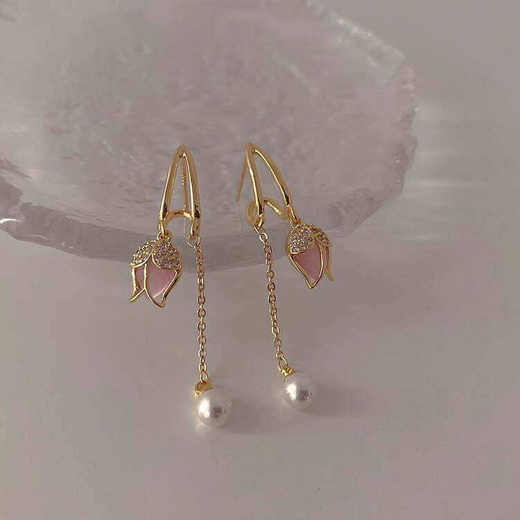 2022 New Arrival Korean Retro Simple Opal Tulip Dangle Earrings For Women Fashion Pink Flower Gold Metal Jewelry Gifts