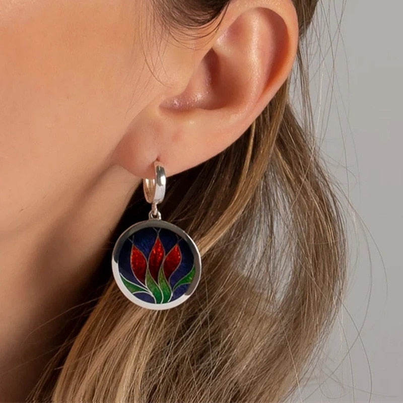 Fashion Silver Color Metal Painting Red Green Flowers Earrings for Women Vintage Hoop Dangle Earrings for Women Jewelry