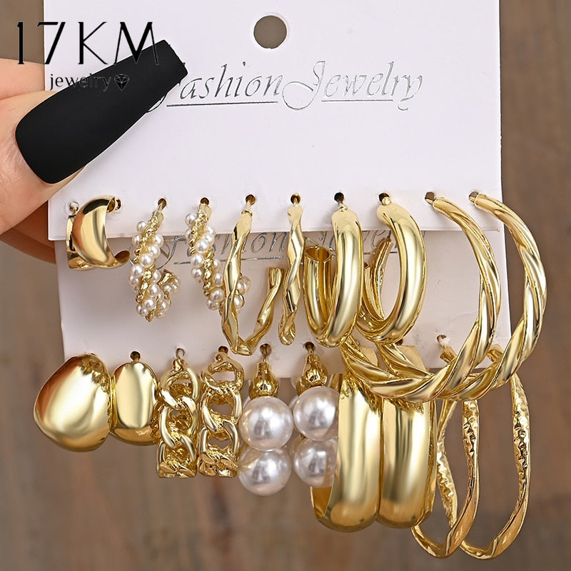 17 KM 5 Pairs/Set Vintage Pearl Dangle Earring Set Metal Gold Color Hoop Earrings for Women Twist Circle Earrings Hollow Jewelry