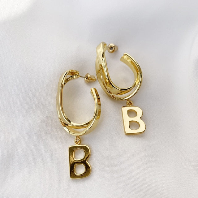 2022 Fashion Twisted Metal Two Letter B Drop Earrings French Glossy Vintage Long Earrings for Women Jewelry